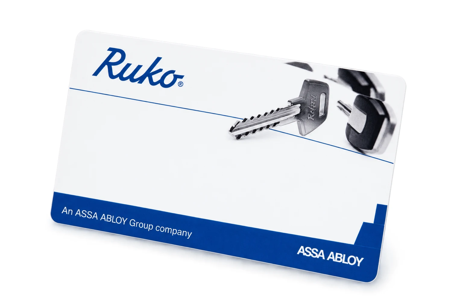 Hvidt adgangskort med Ruko ASSA ABLOY logo, Mifare DESFire EV3, 4 K produktbillede til SMARTair adgangskontrol