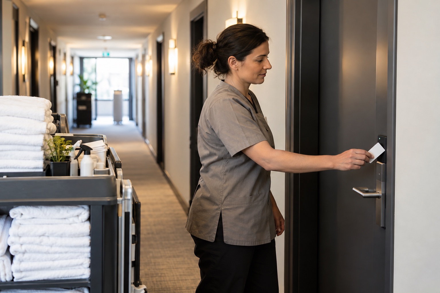 Hotelmedarbejder bruger adgangskort ved et serviceområde
